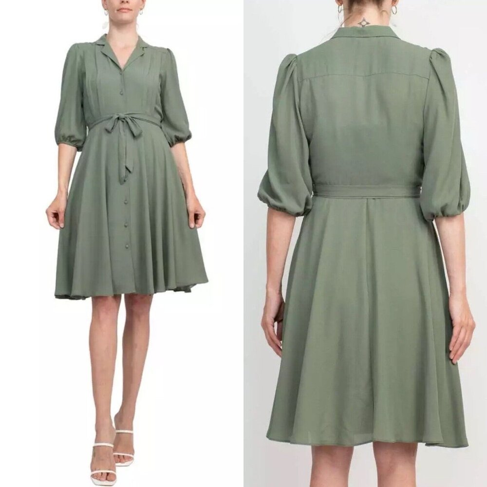 Nanette Lepore Shirt Dress Collared Puff Sleeve Pleated Tie Waist Size 14 NWT - Picture 1 of 11